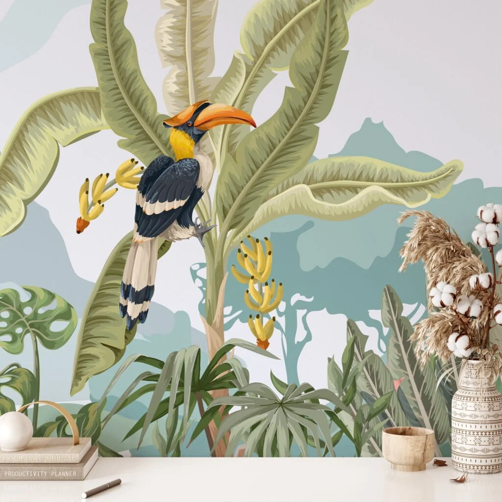 Jungle Illustration With Animals And Large Leaves Wallpaper, Tropical Rainforest Peel & Stick Wall Mural