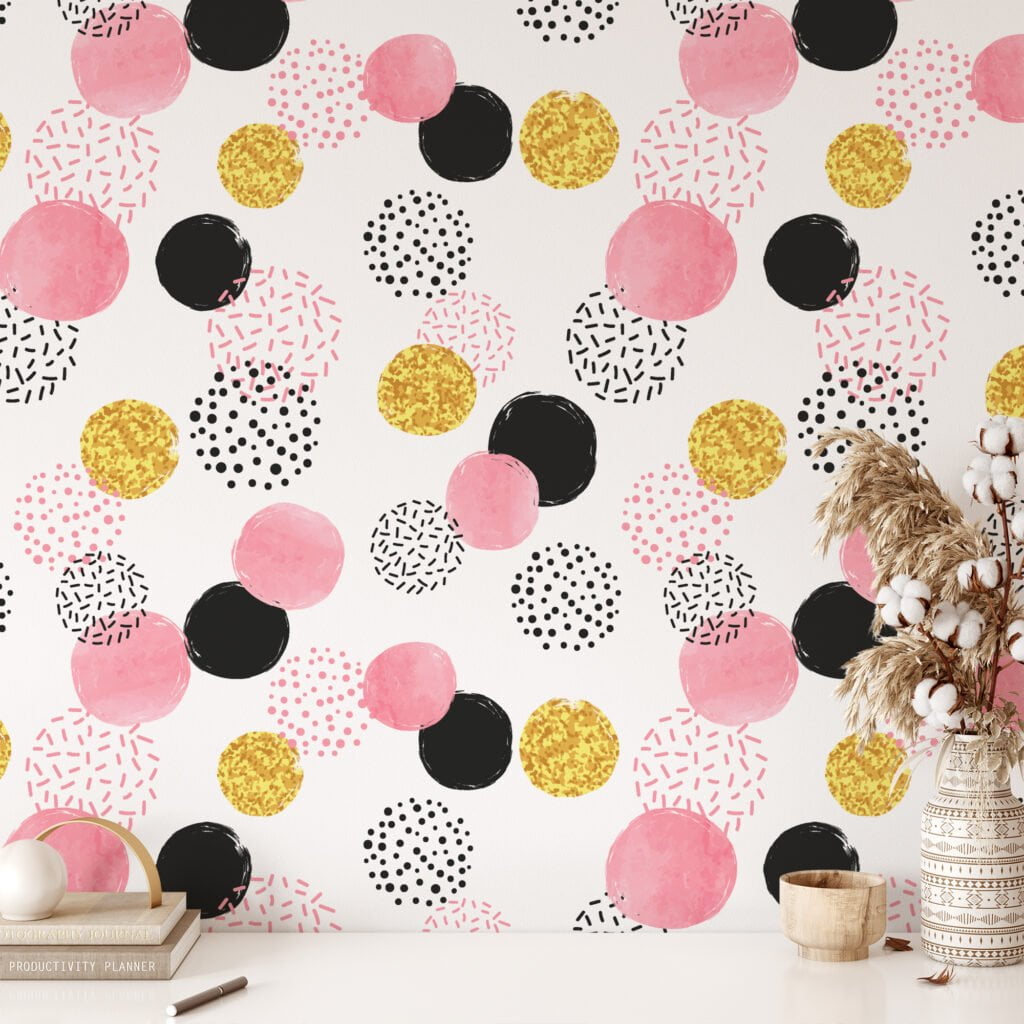 Confetti Circles Illustration Wallpaper, Chic Polka Glam Peel & Stick Wall Mural