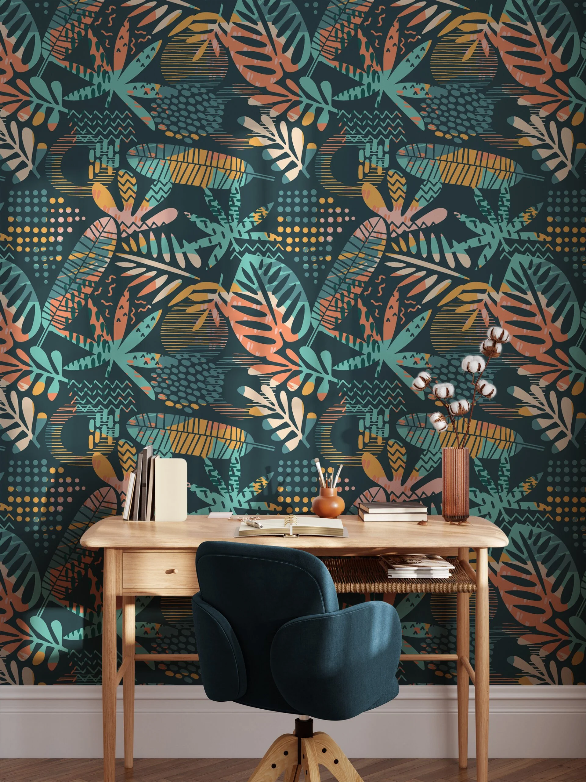 Abstract Large Tropical Silhouette Leaves Flat Art Design Wallpaper, Lush Tropical Foliage Peel & Stick Wall Mural