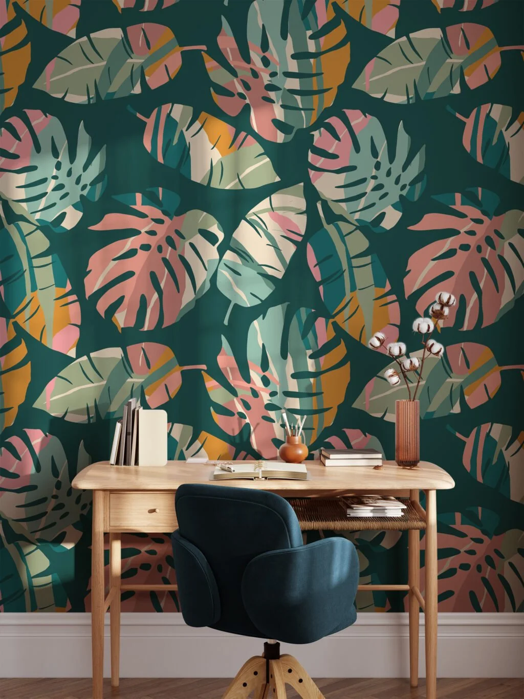 Large Tropical Abstract Monstera Leaves Illustration Wallpaper, Modern Tropical Design Peel & Stick Wall Mural