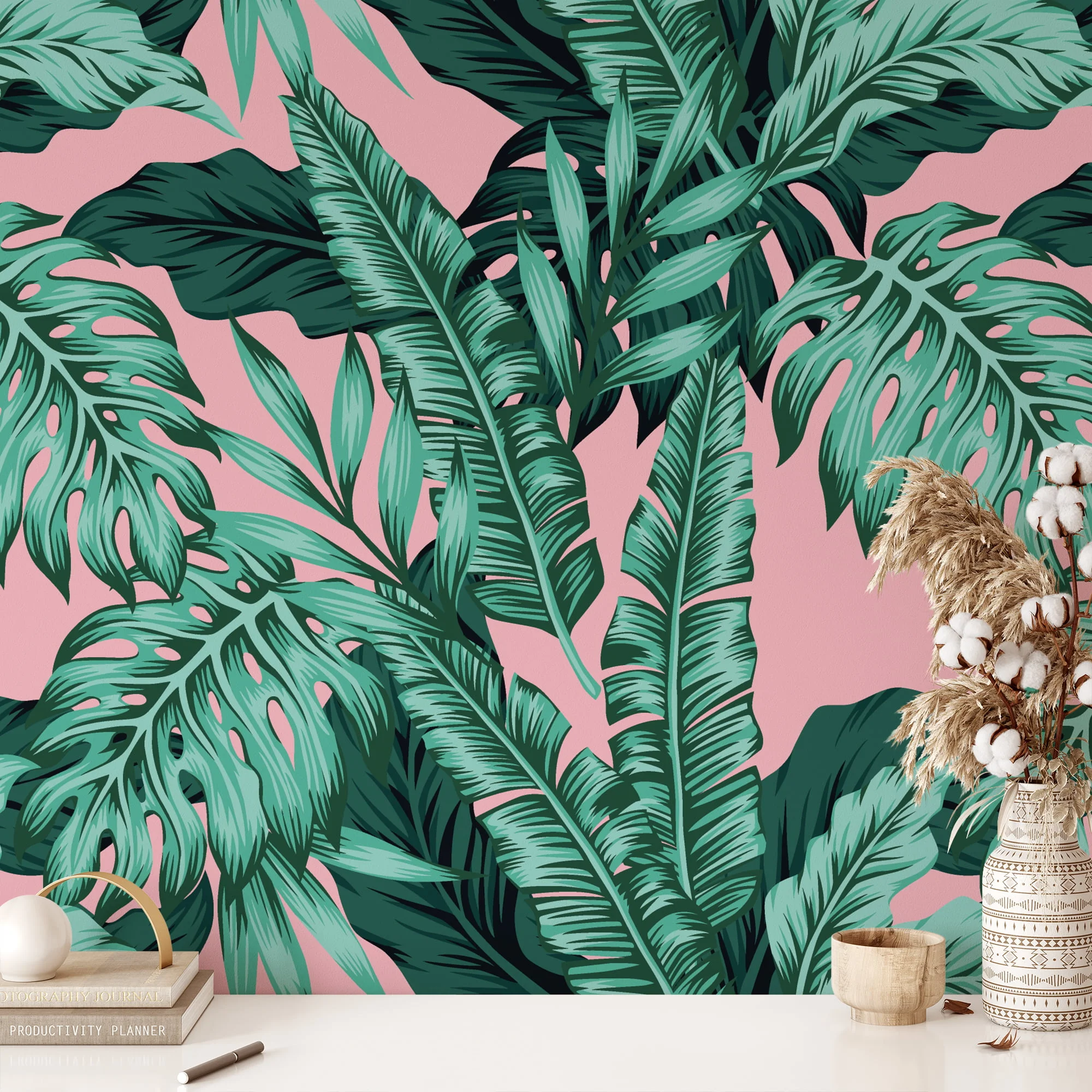 Tropical Leaves With A Pink Background Illustration Wallpaper, Tropical Paradise Peel & Stick Wall Mural