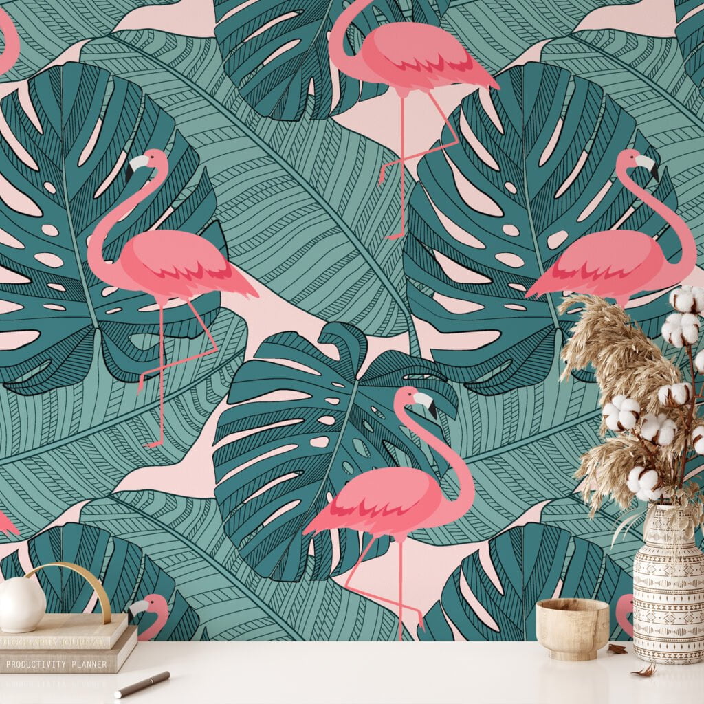 Large Monstera Leaves Line Art With Pink Flamingos Illustration Wallpaper, Chic Flamingo Peel & Stick Wall Mural