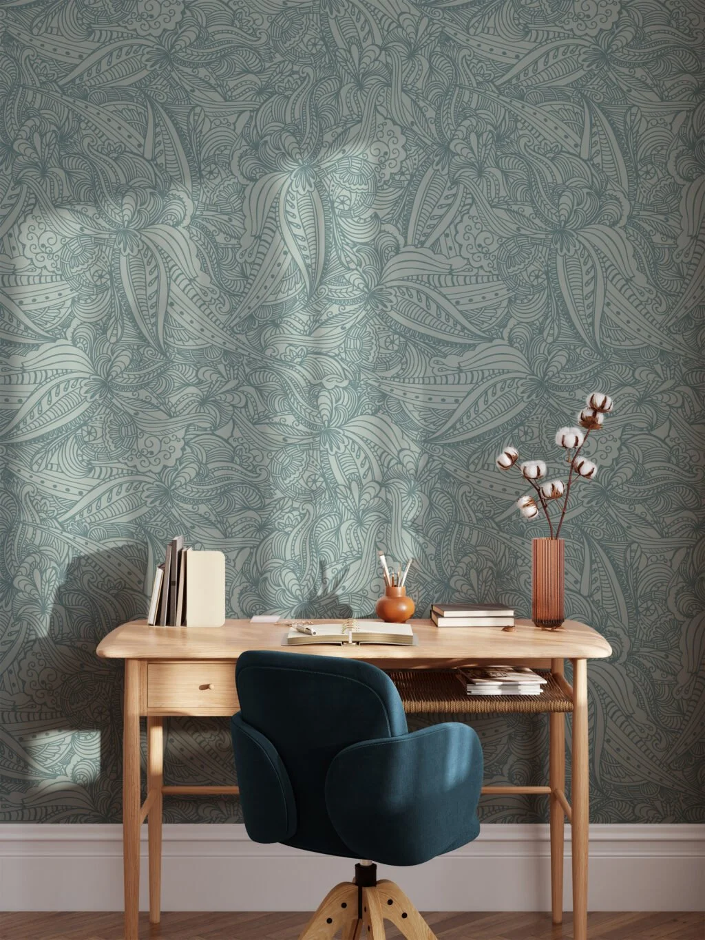 Damask Line Art Wallpaper With Mint Background Wallpaper, Elegant Pastel Peel & Stick Wall Mural