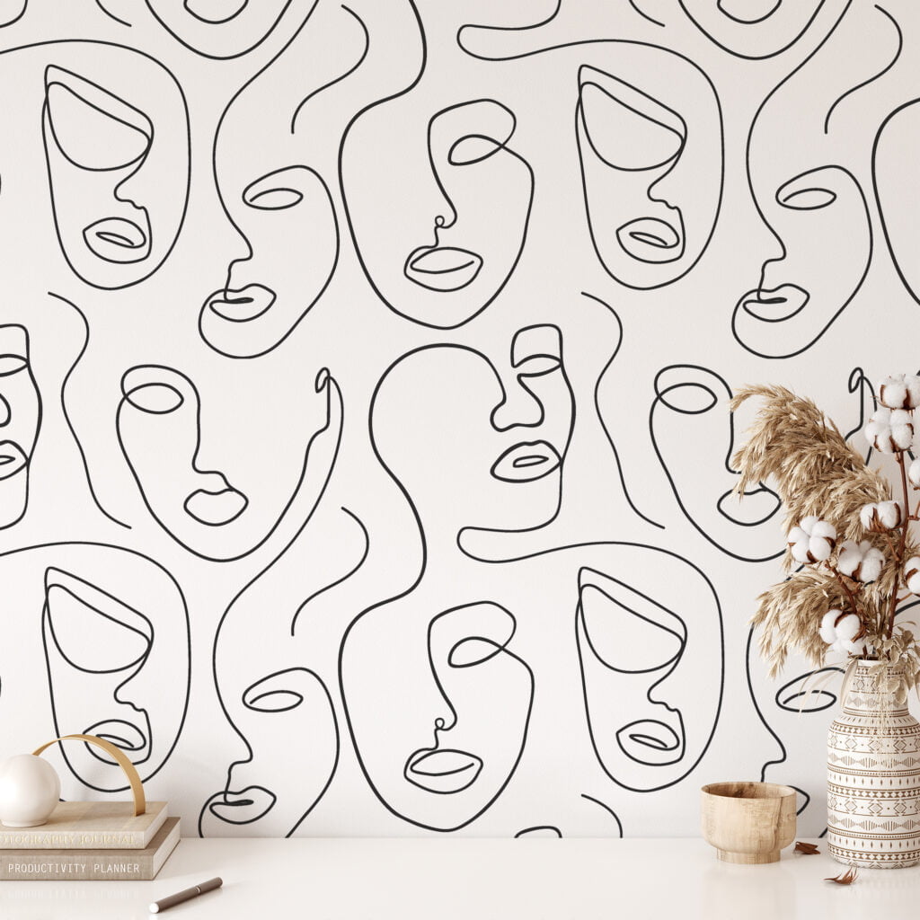 Abstract Human Faces Line Art Pattern Illustration Wallpaper, Minimalist Abstract Faces Peel & Stick Wall Mural