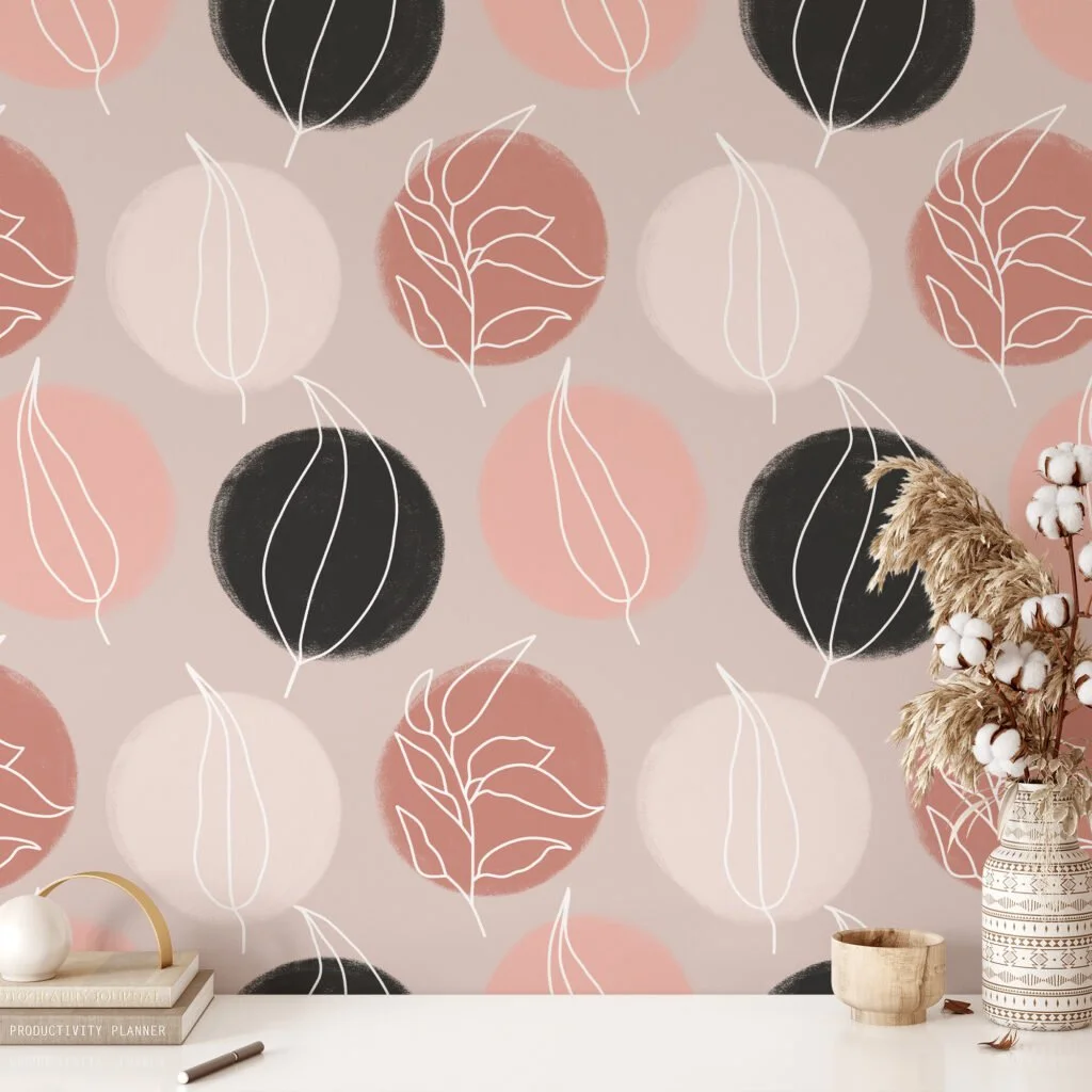 White Line Art Leaves On Circles Design Illustration Wallpaper, Minimalist Leaf and Circle Peel & Stick Wall Mural