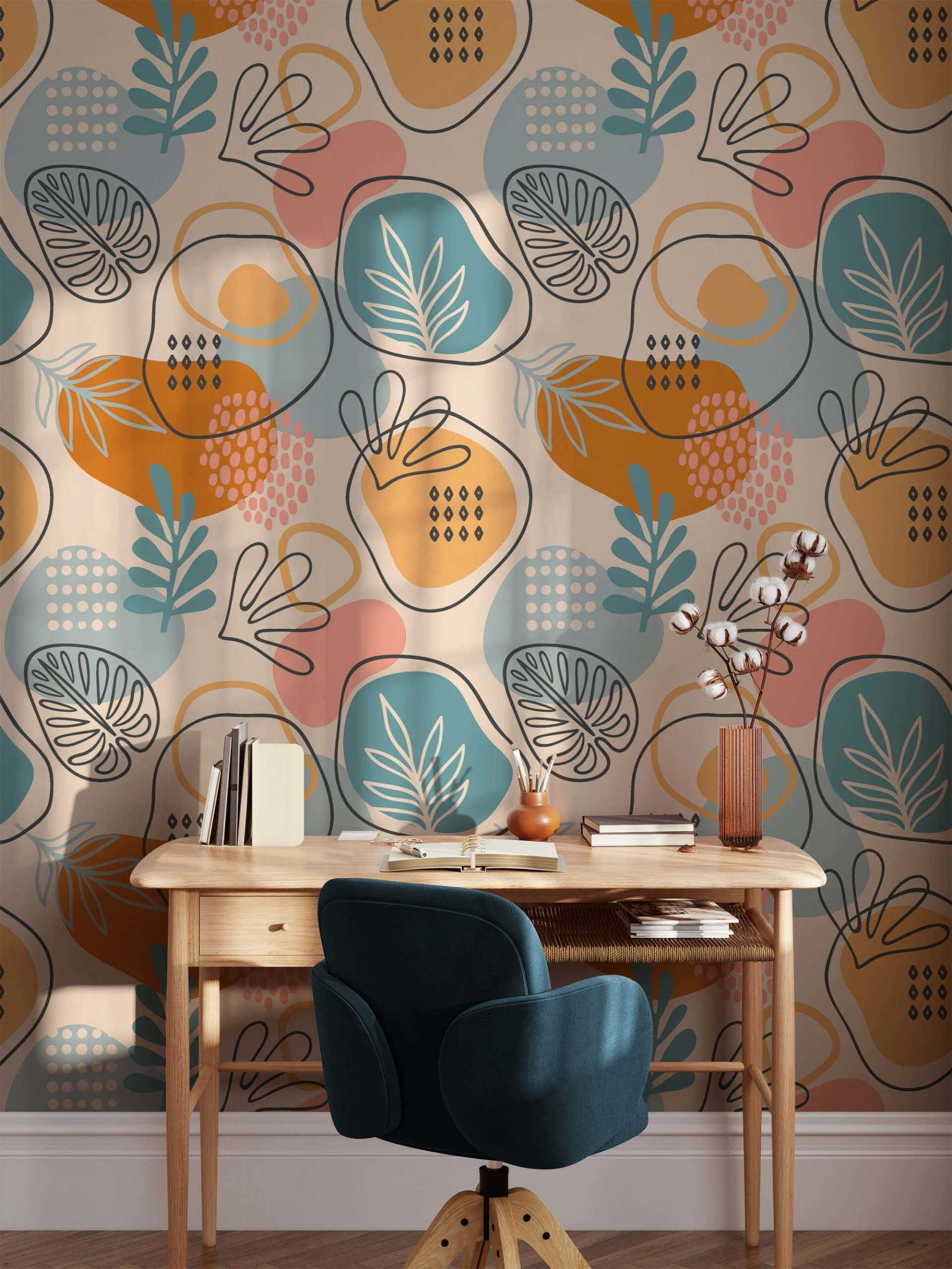 Flat Abstract Line Art Illustration, Modern Organic Shapes Peel & Stick Wall Mural