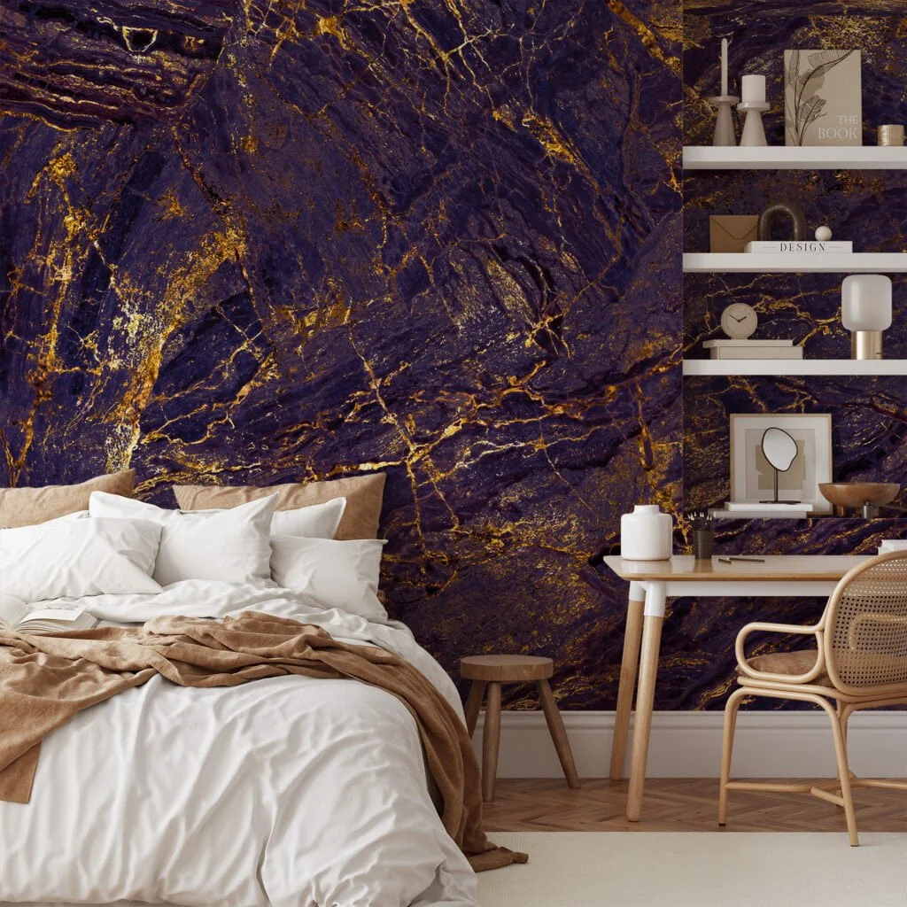 Bright Contrasted Stone Textured Wallpaper, Luxe Gold Veined Marble Peel & Stick Wall Mural