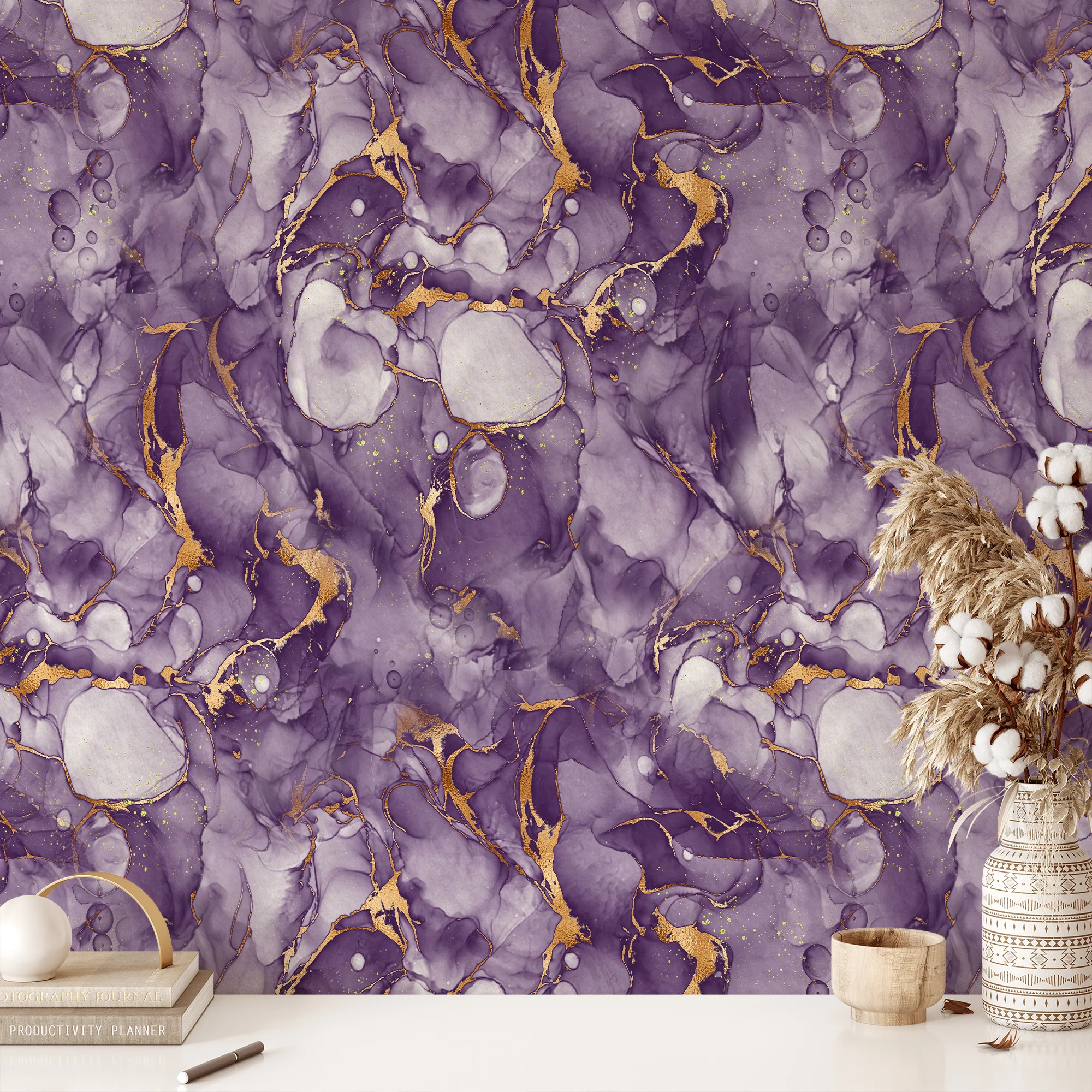 Purple And Gold Alcohol Ink Art Marble Wallpaper, Ethereal Purple Marble Peel & Stick Wall Mural