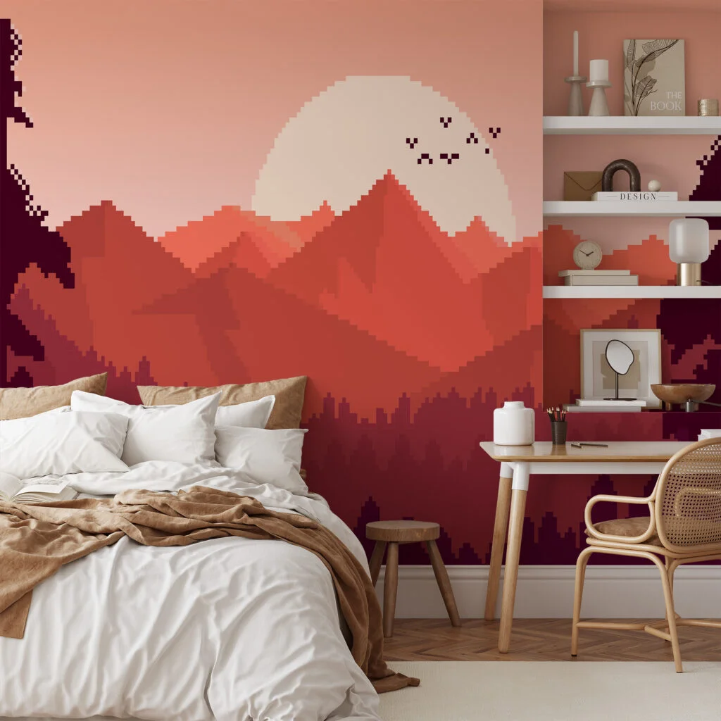 Pixel Art Sunset And Mountains Wallpaper With Birds, Pixel Sunset Mountain Peel & Stick Wall Mural