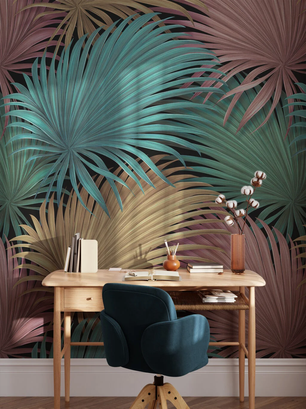 Tropical Pastel Leaves On A Dark Background Wallpaper, Abstract Tropical Leaves Peel & Stick Wall Mural