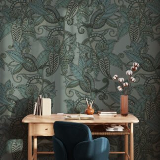 Dark Sage Colored Floral Damask Style Wallpaper, Elegant Art Deco Flora Peel & Stick Wall Mural