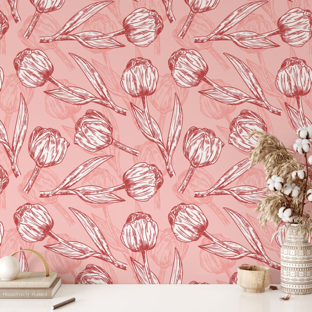 Vintage Floral Line Art Peach Pink Tulips Wallpaper, Delicate Tulip Sketches Peel & Stick Wall Mural