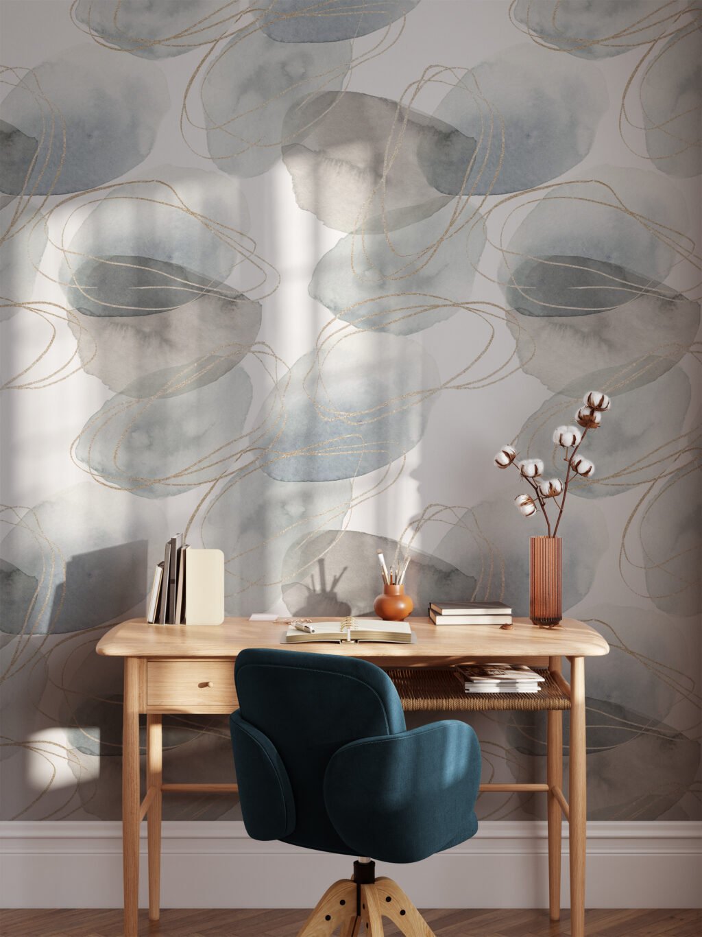 Watercolor Effect Brush Strokes Pattern Illustration Wallpaper, Elegant Abstract Swirls Peel & Stick Wall Mural