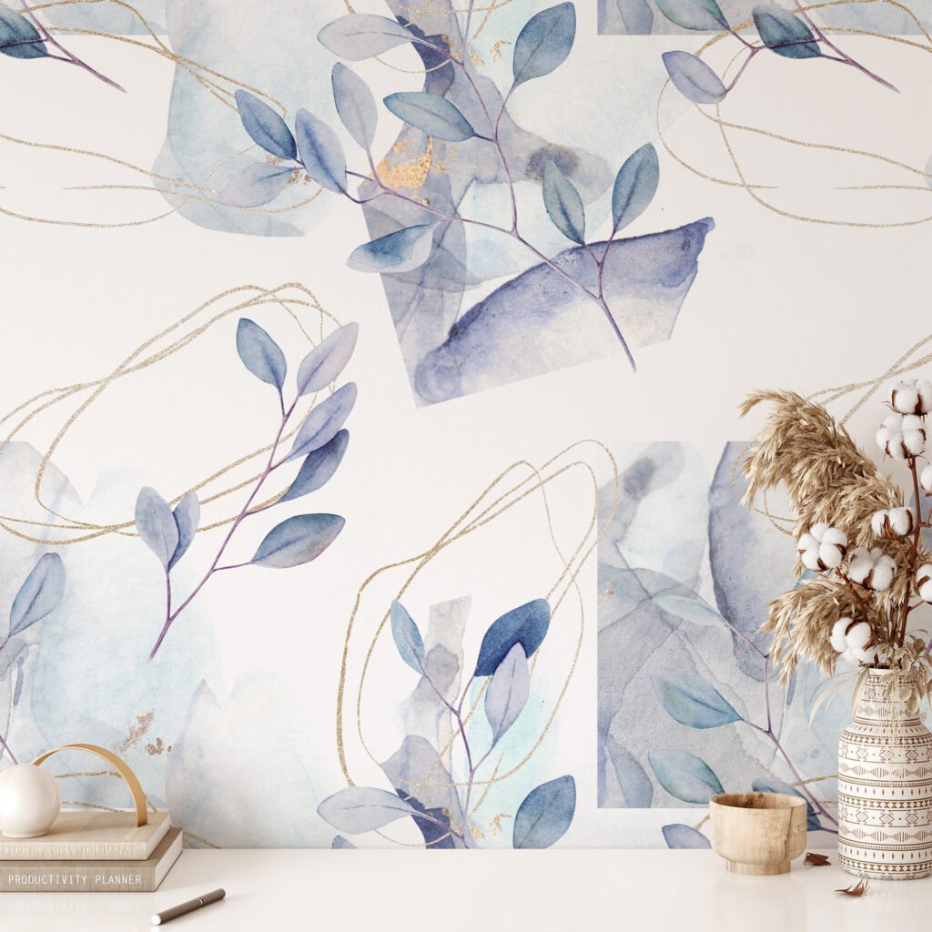 Watercolor Style Pastel Leaf Branches Illustration Wallpaper, Ethereal Blue Purple Leaves Peel & Stick Wall Mural