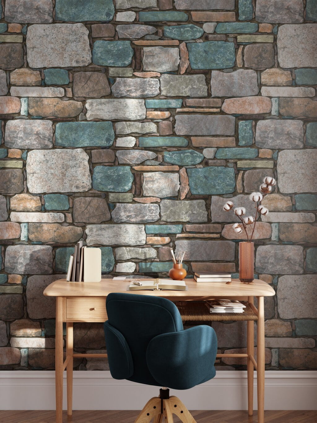 Stone Brick Wall Pattern With Teal Blue Highlights Wallpaper, Multi-Toned Stone Mosaic Peel & Stick Wall Mural