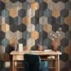 Geometric Hexagon Shaped Wooden Wall Wallpaper, Vintage Woodblock Peel & Stick Wall Mural