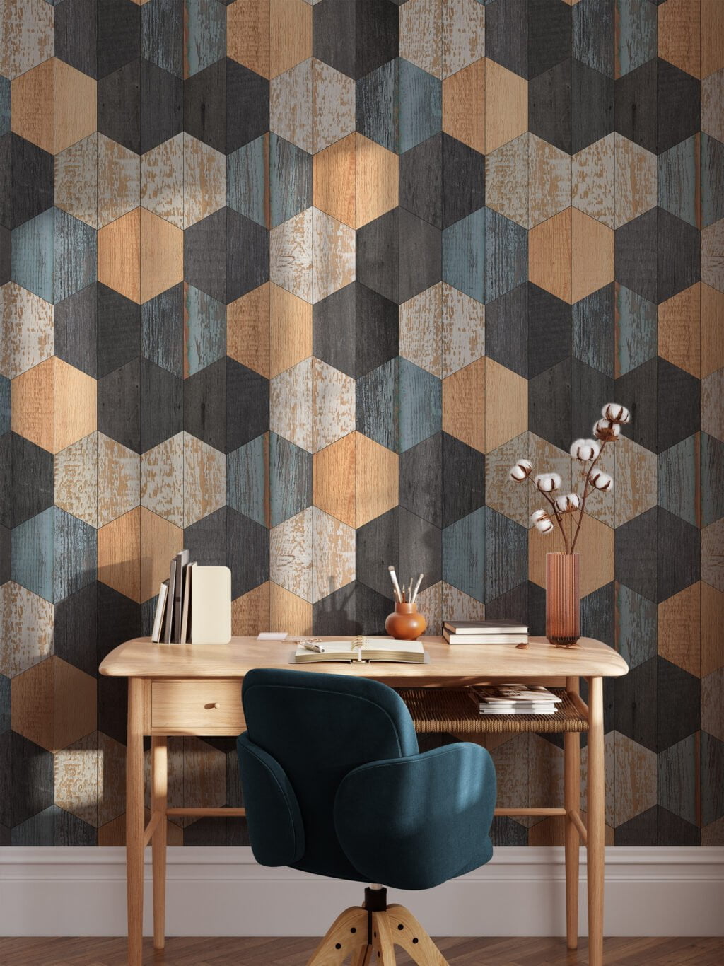 Geometric Hexagon Shaped Wooden Wall Wallpaper, Vintage Woodblock Peel & Stick Wall Mural