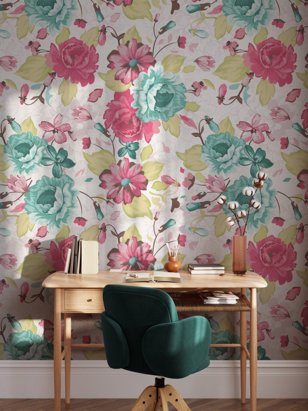 Abstract Turquoise And Pink Floral Wallpaper, Vintage Floral Charm Peel & Stick Wall Mural