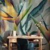 Tropical Minty Birds Of Paradise Flowers Wallpaper, Abstract Tropical Leaves Peel & Stick Wall Mural