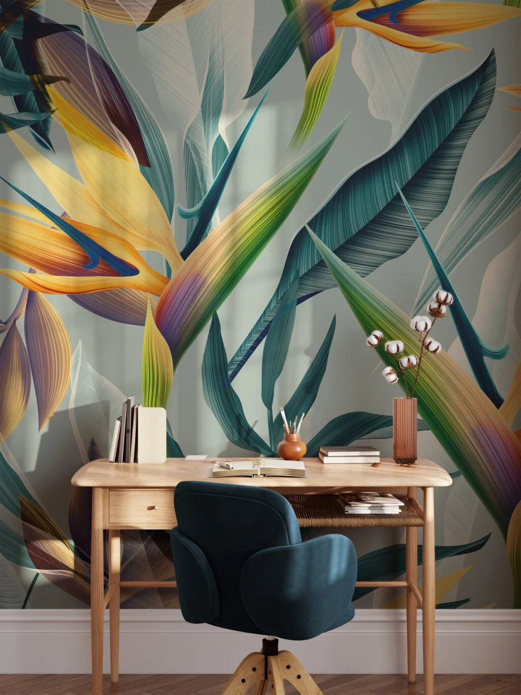 Tropical Minty Birds Of Paradise Flowers Wallpaper, Abstract Tropical Leaves Peel & Stick Wall Mural