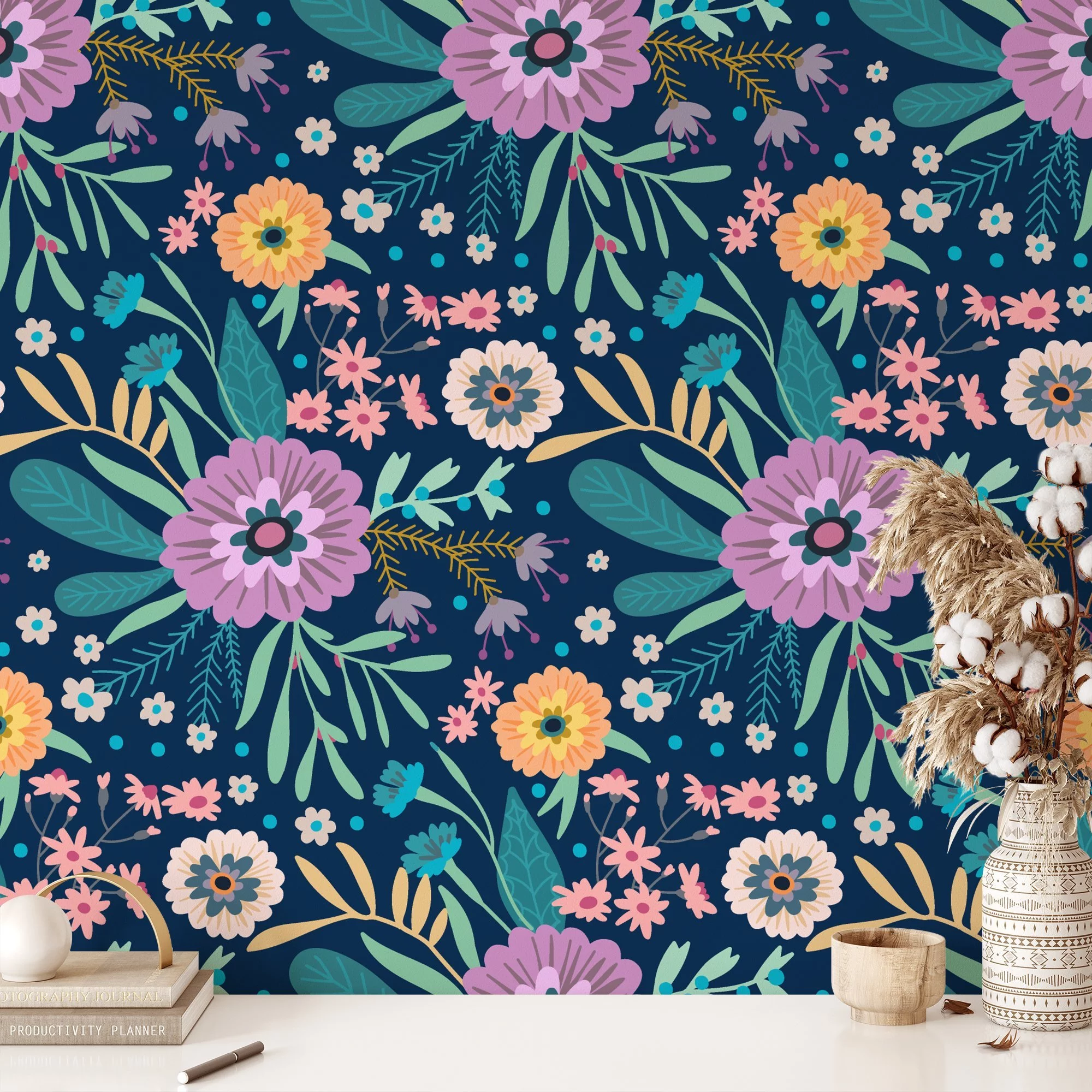 Floral Folk Art Flowers With A Dark Background Wallpaper, Enchanted Navy Garden Peel & Stick Wall Mural