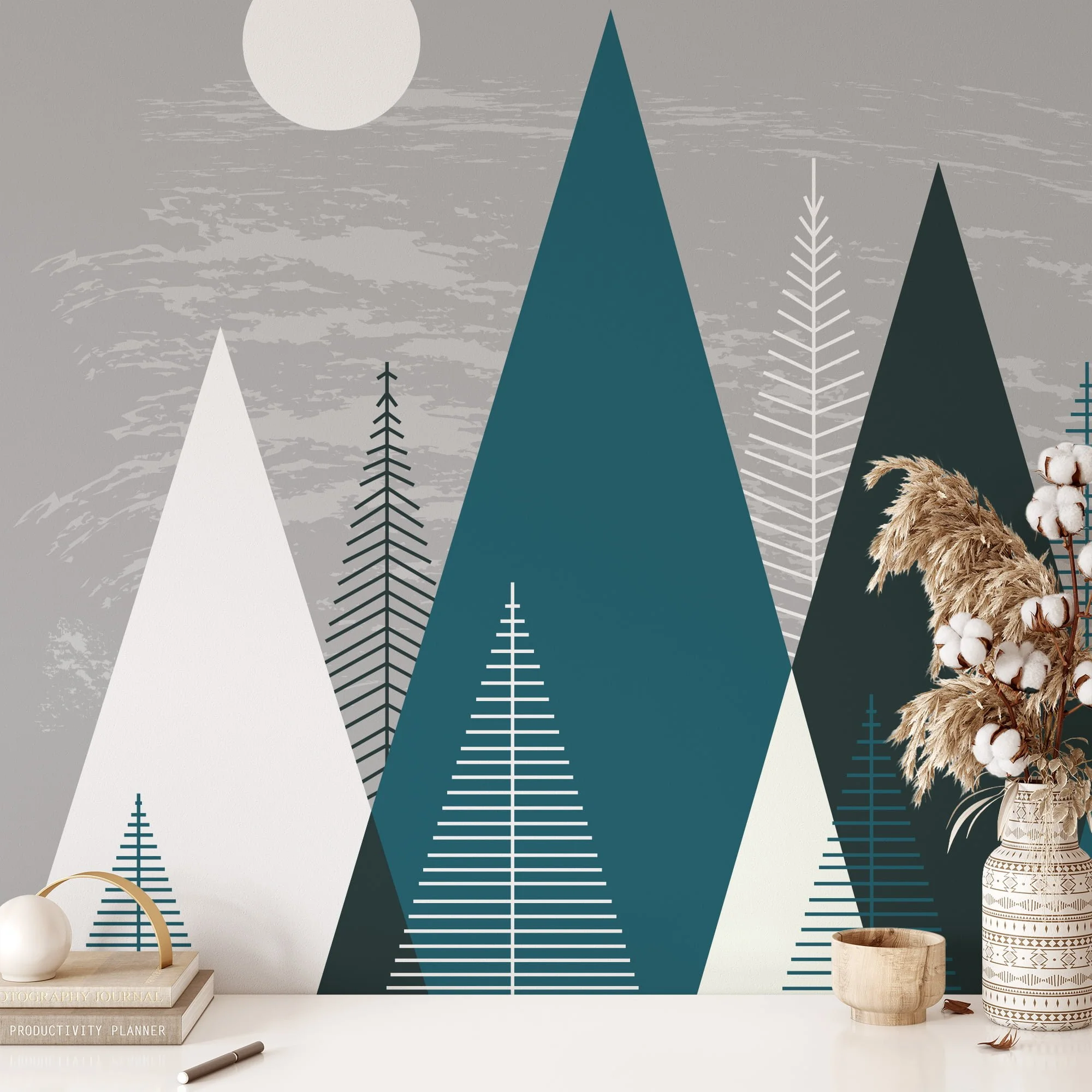 Minimalist Wallpaper With Abstract Mountains And Trees, Forest Silhouette Peel & Stick Wall Mural