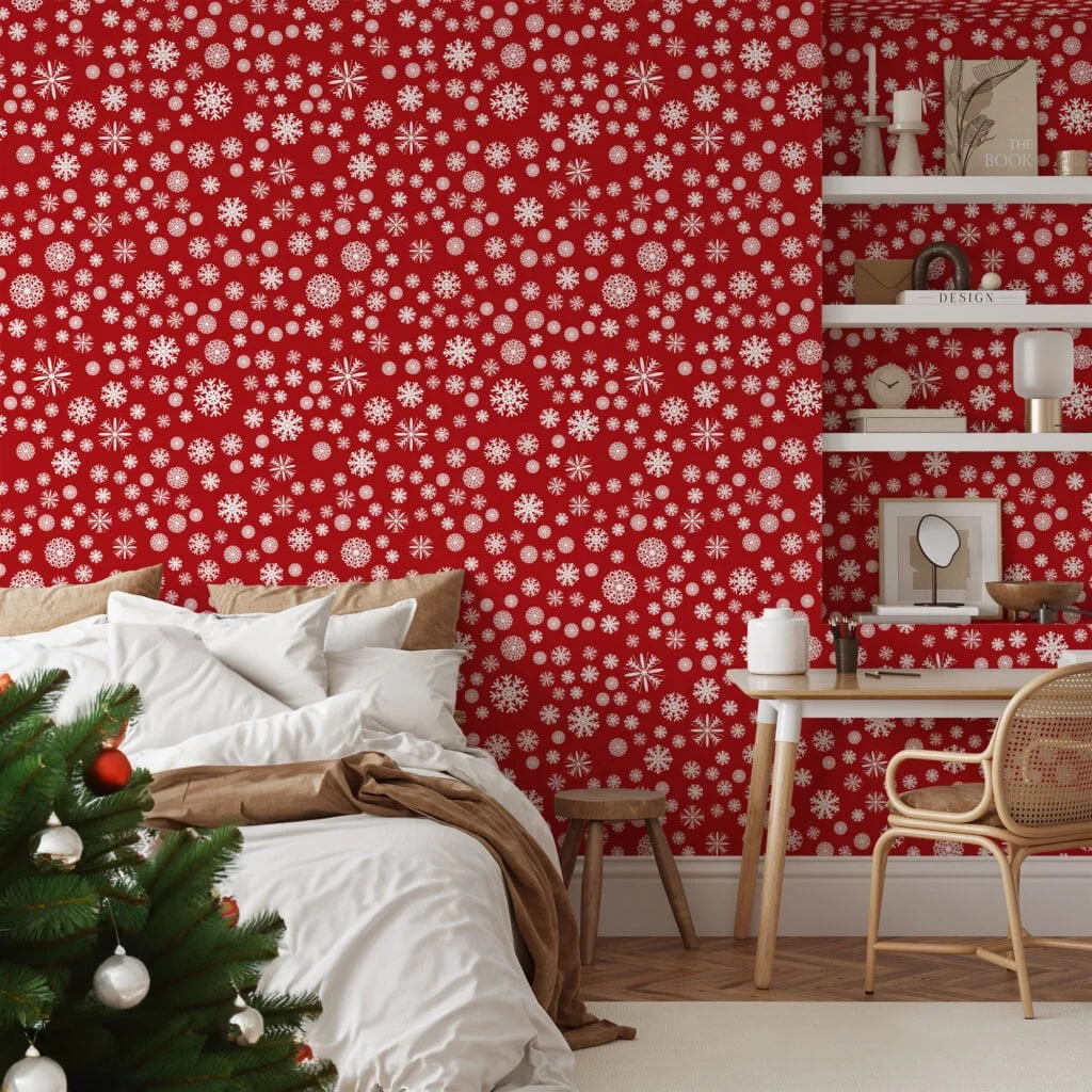 White Snowflakes On A Red Background Illustration Wallpaper, Cheerful Holiday-Inspired Peel & Stick Wall Mural