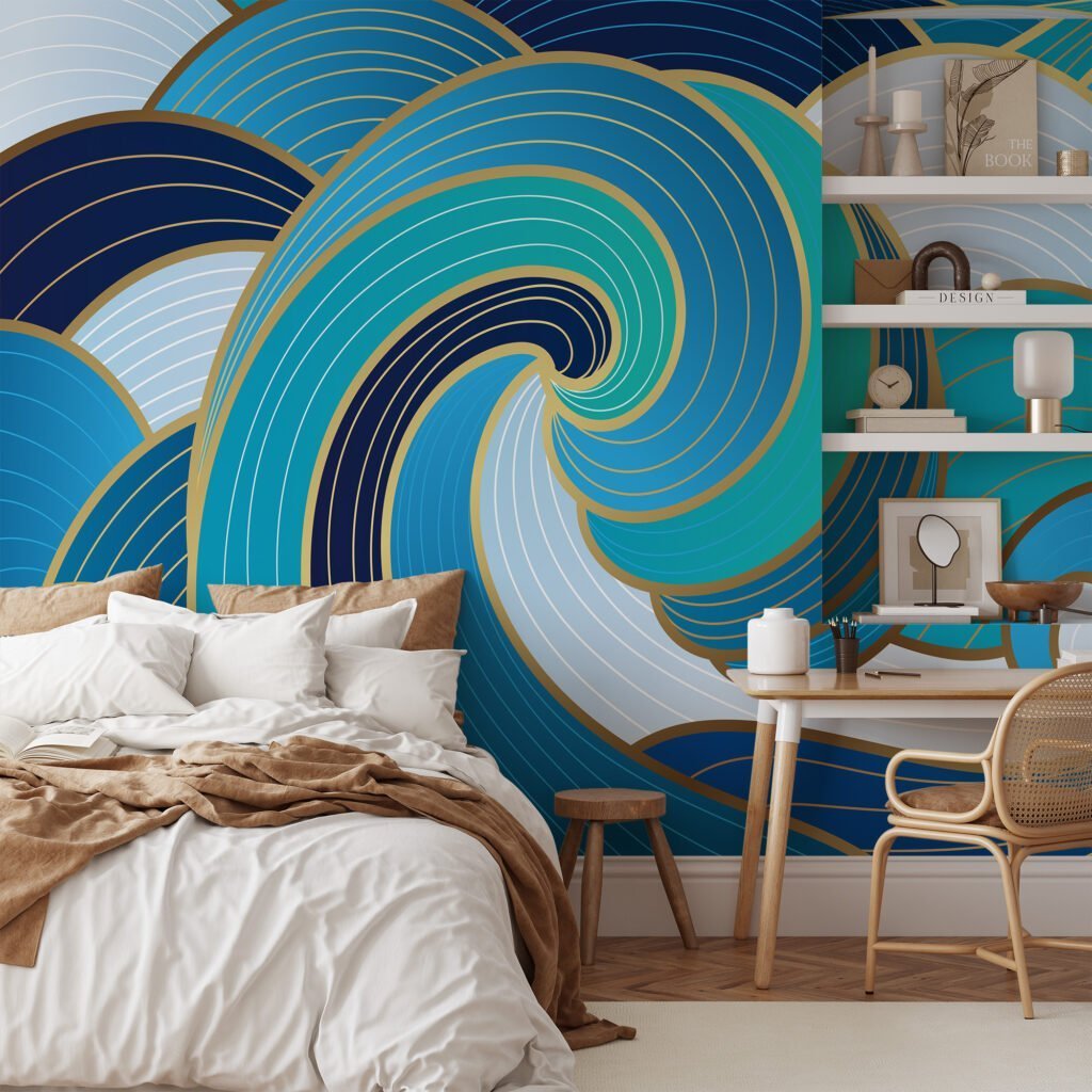 Large Abstract Waves With Blue Shades Wallpaper, Elegant Swirling Waves Peel & Stick Wall Mural