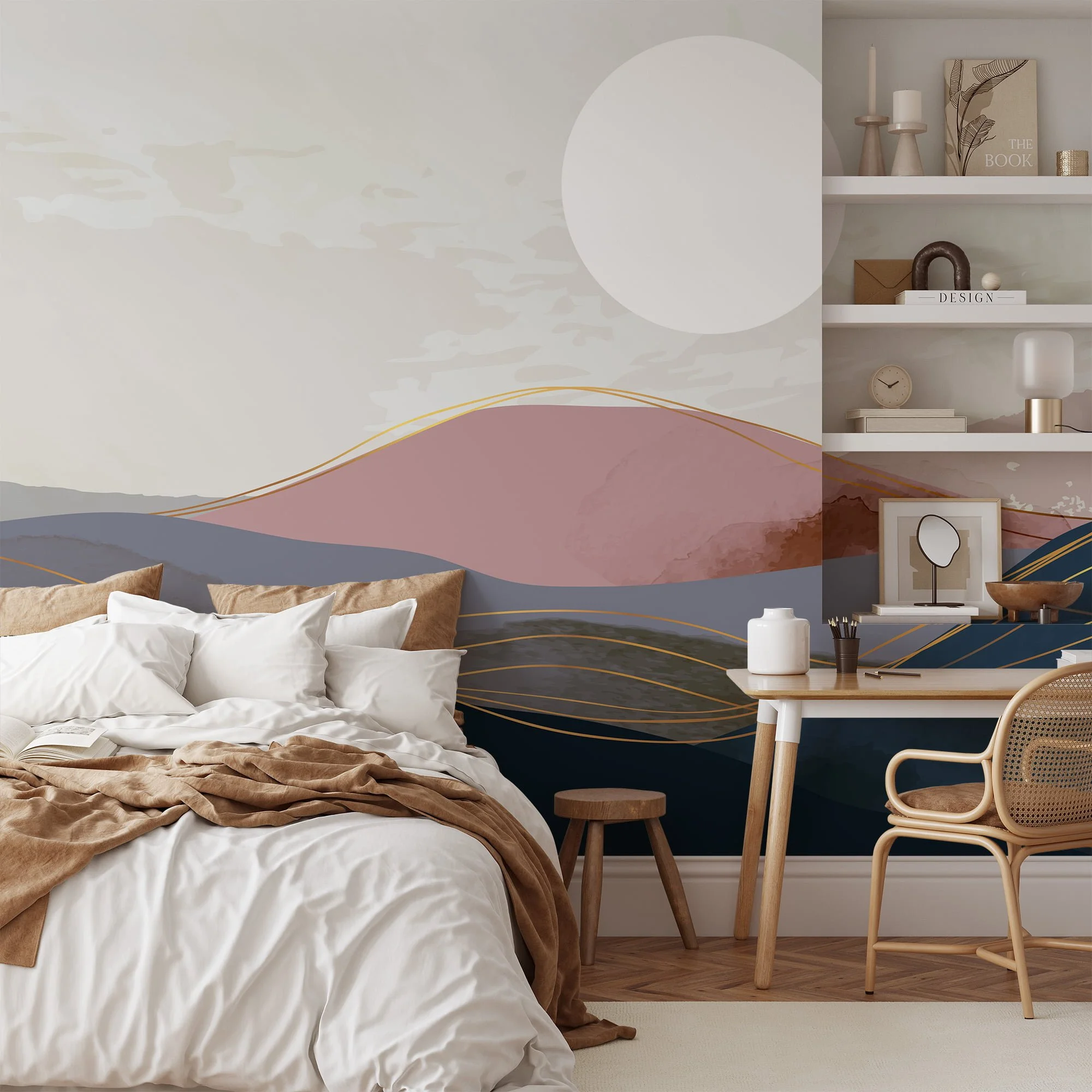 Abstract Minimalistic Desert Illustration Wallpaper, Sunrise Mountains Peel & Stick Wall Mural