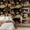 Large Gold Colored Lily Pads And Swans With A Dark Background Wallpaper, Vintage Black & Gold Elegance Peel & Stick Wall Mural
