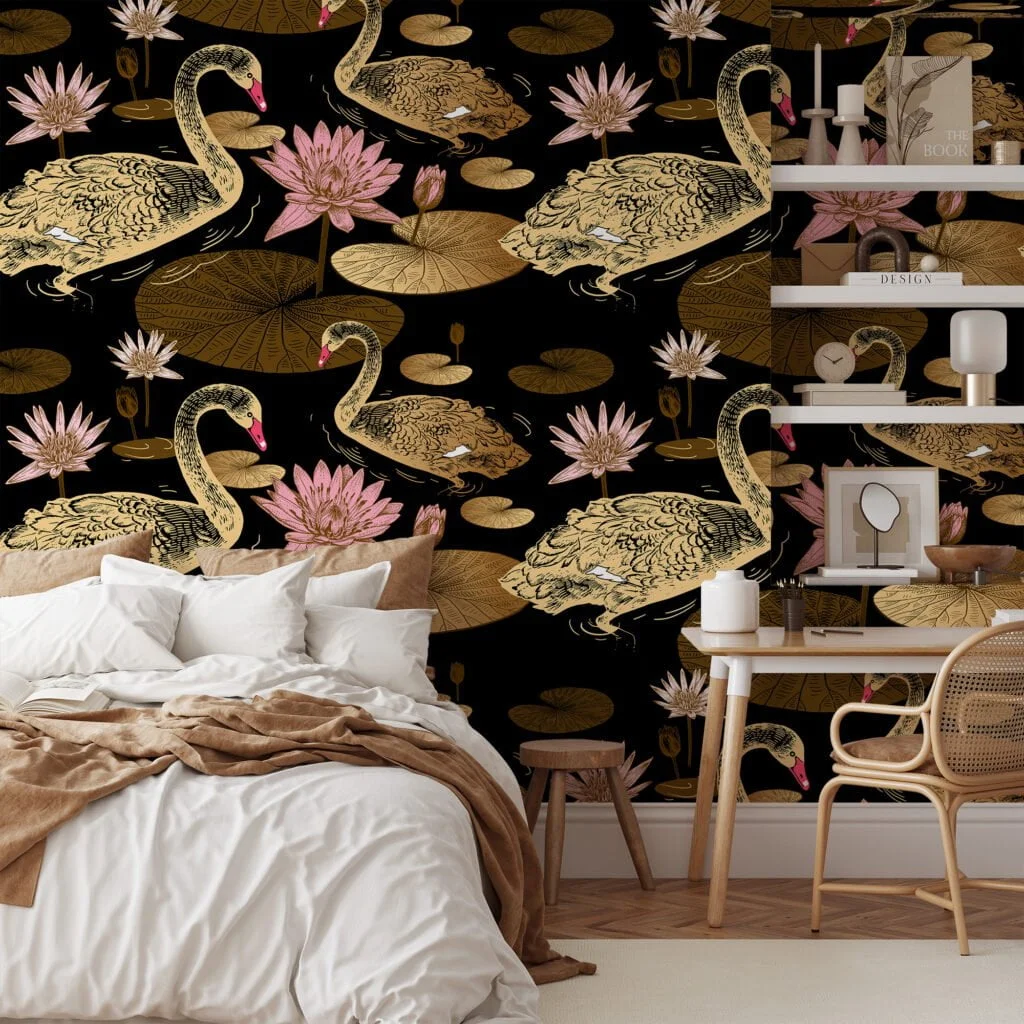 Large Gold Colored Lily Pads And Swans With A Dark Background Wallpaper, Vintage Black & Gold Elegance Peel & Stick Wall Mural