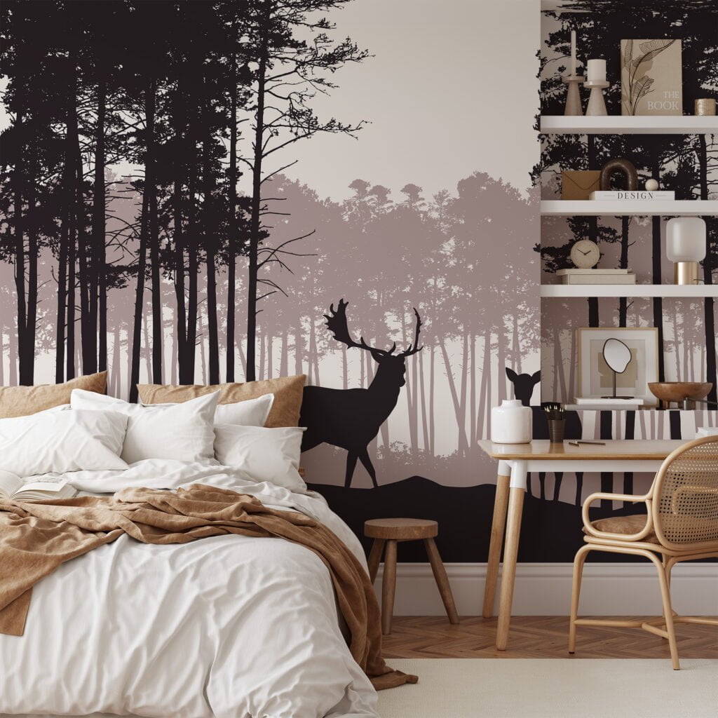 Abstract Nature Wallpaper With Trees and Deers Silhouette, Tranquil Nature Scene Peel & Stick Wall Mural