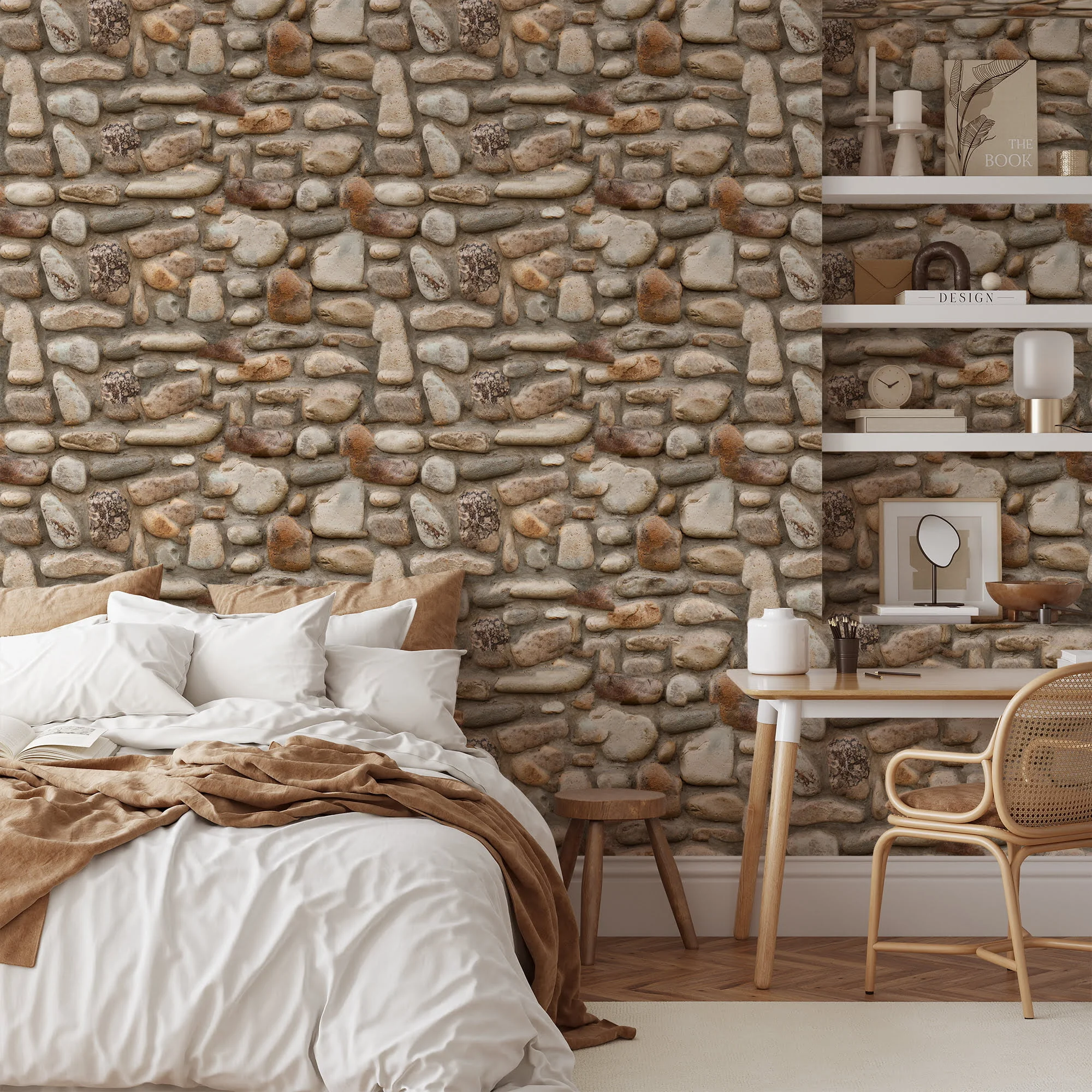 Earth Tones Large Stone Wall Wallpaper, Nature Inspired Faux Decor Peel & Stick Wall Mural