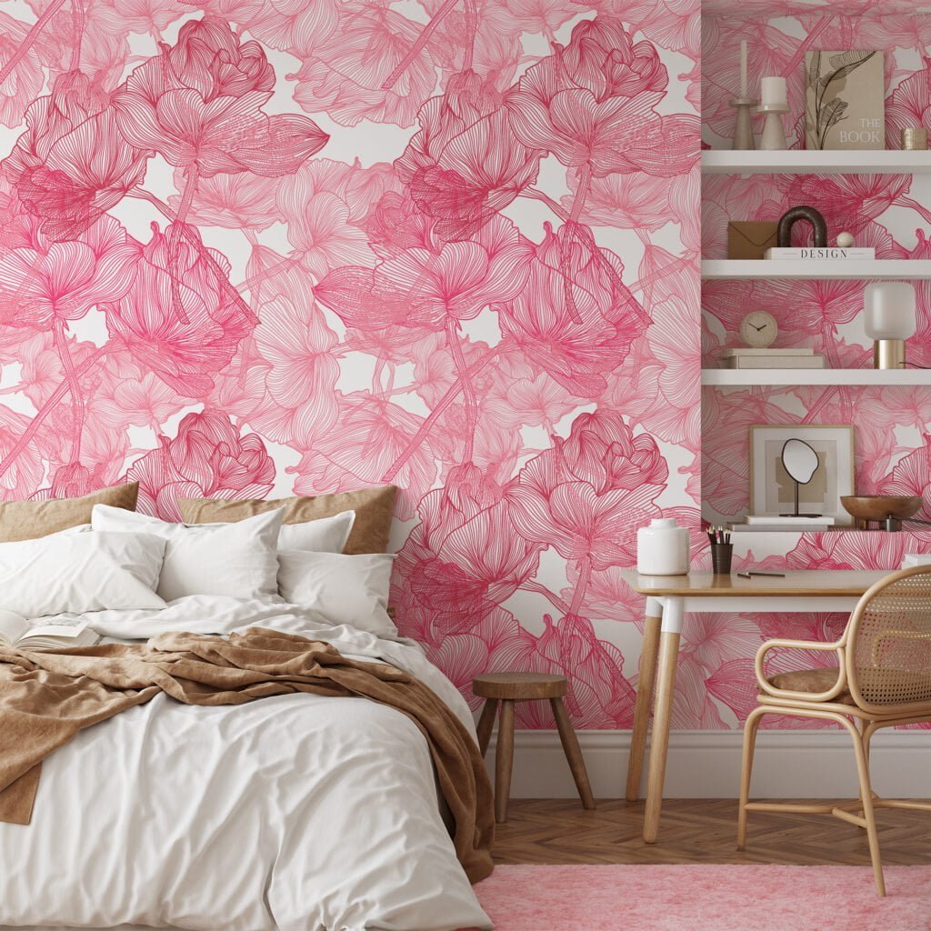 Large Pink Roses Line Art Wallpaper, Elegant Botanical Peel & Stick Wall Mural