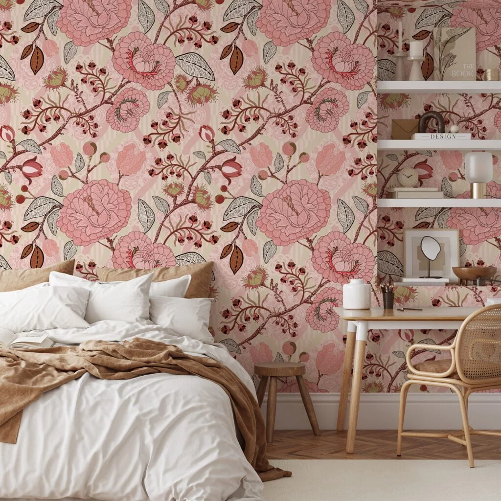 Pink Paisley Damask Style Illustration Wallpaper, Vintage Blush Rose Garden Peel & Stick Wall Mural