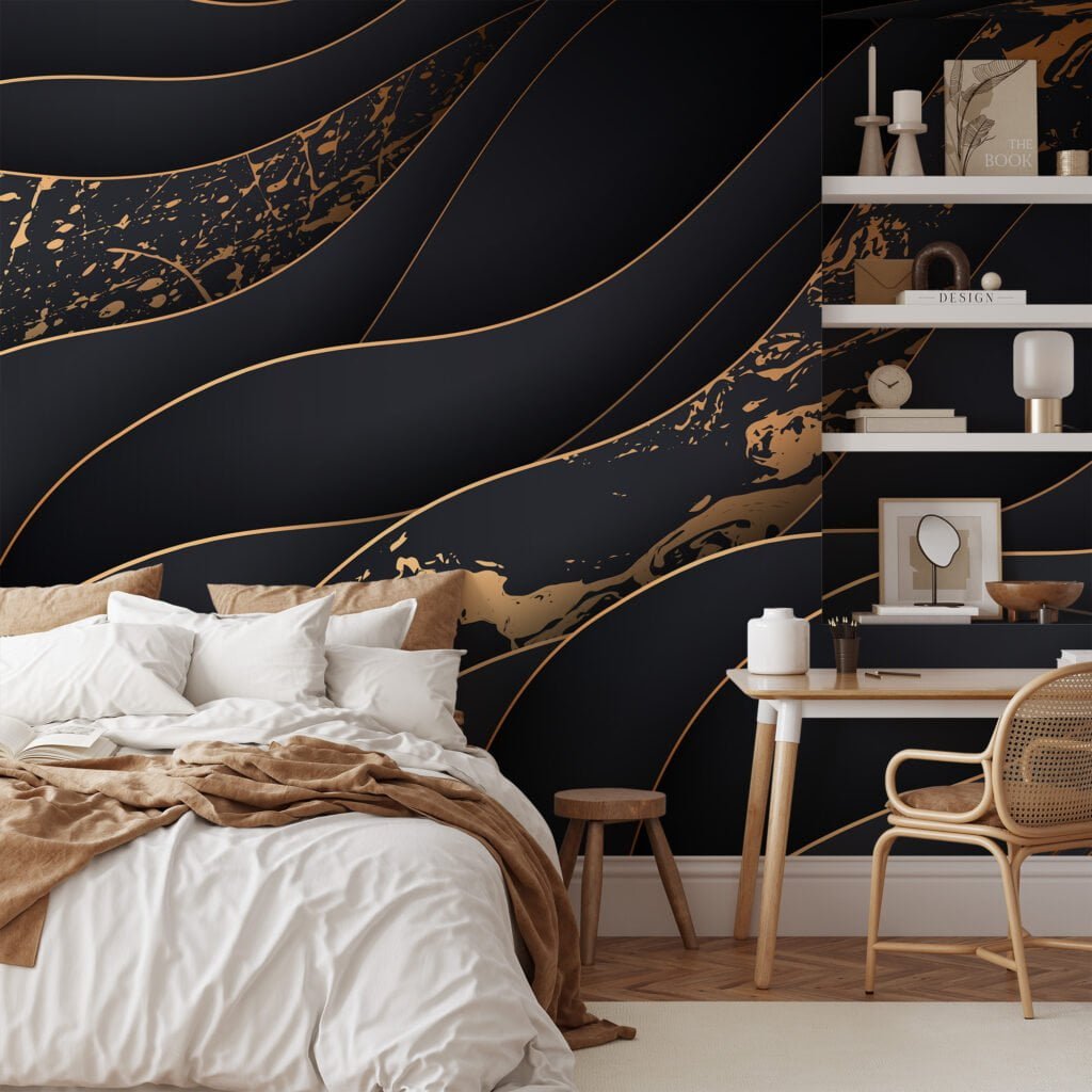 Abstract Three Dimensional Paper Effect Dark Wallpaper, Opulent Wavy Design Peel & Stick Wall Mural