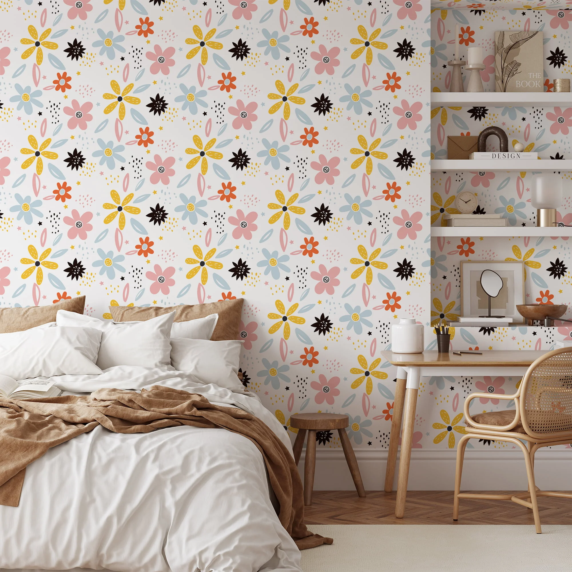 Floral Flat Art Flowers With A White Background Wallpaper, Charming Floral Peel & Stick Wall Mural