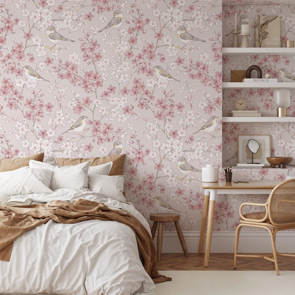 Pastel Pink Flower Design With Birds Illustration Wallpaper, Cherry Blossoms & Songbirds Peel & Stick Wall Mural