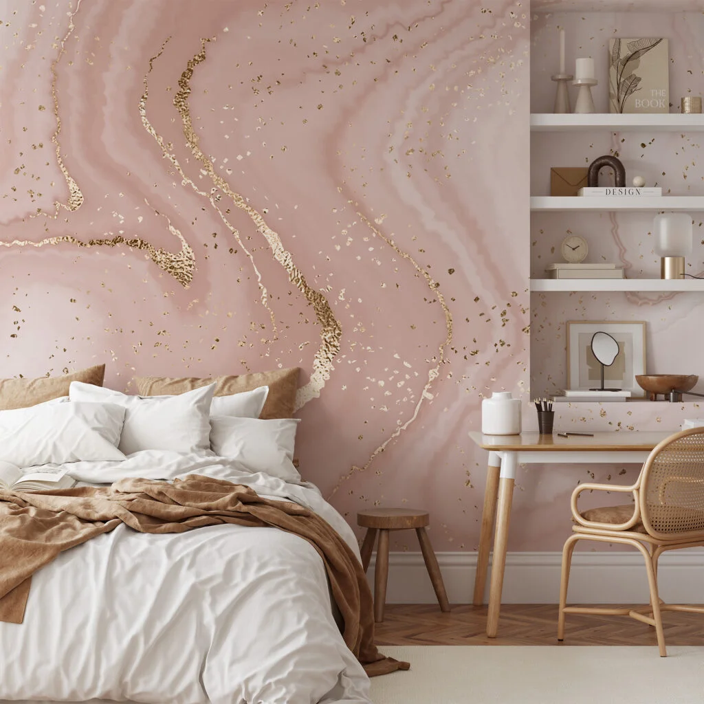 Large Beige Rose Gold Marble Swirls Illustration Wallpaper, Blush Pink Marble Peel & Stick Wall Mural