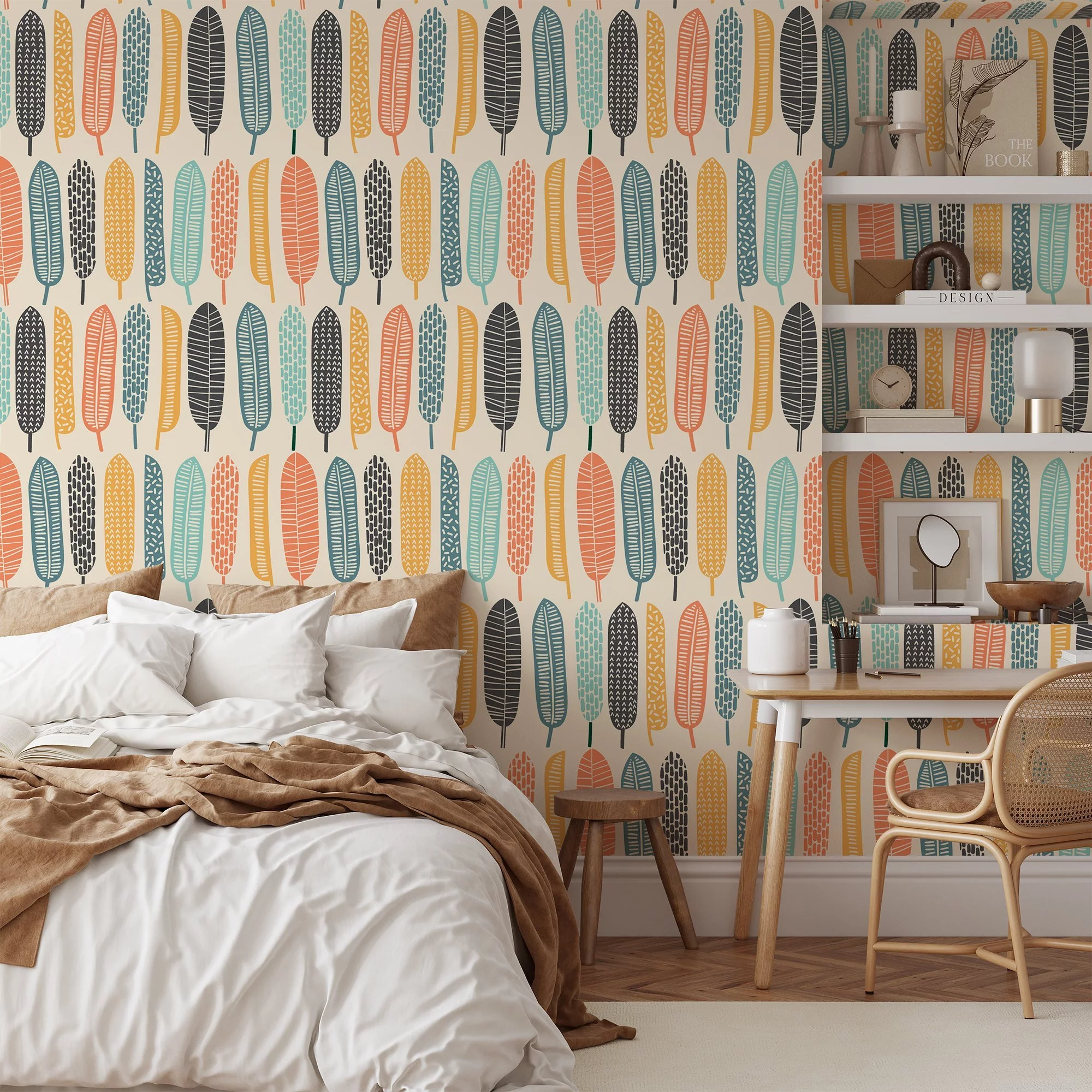 Abstract Tropical Feathers Flat Art Design Wallpaper, Playful Feather Array Peel & Stick Wall Mural