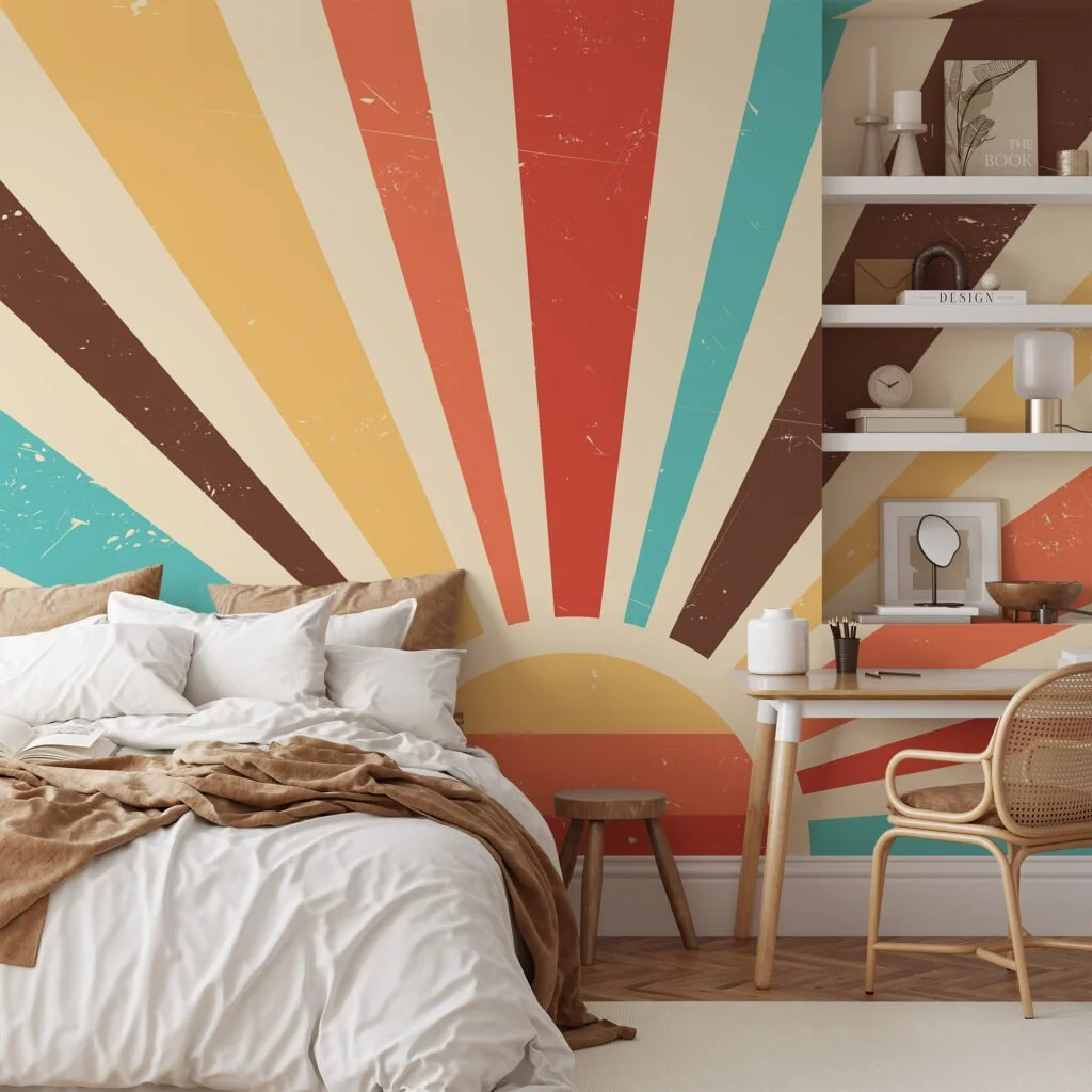 Colorful Retro Sunset Illustration Wallpaper, Abstract Sunbeam Pattern Peel & Stick Wall Mural