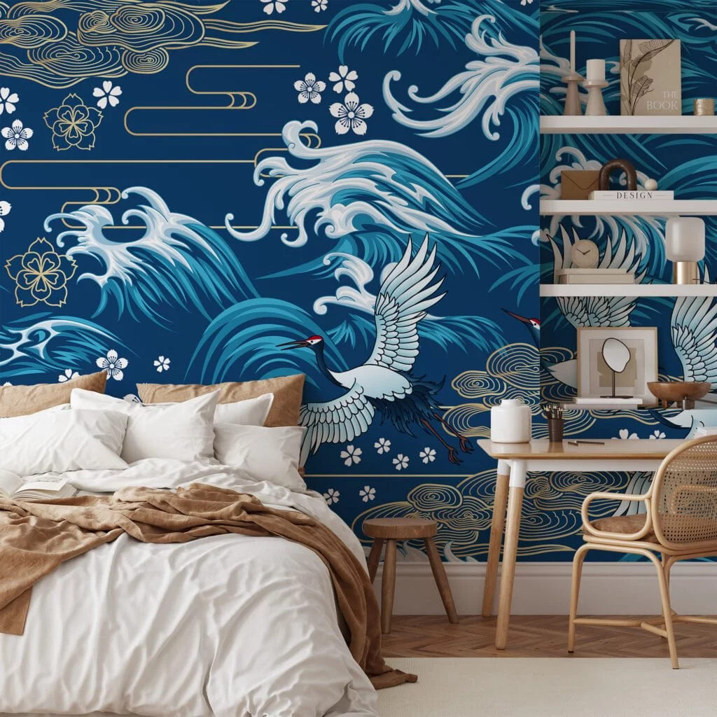 Traditional Blue Wallpaper With Large Cranes And Waves Illustration, Elegant Crane & Wave Peel & Stick Wall Mural