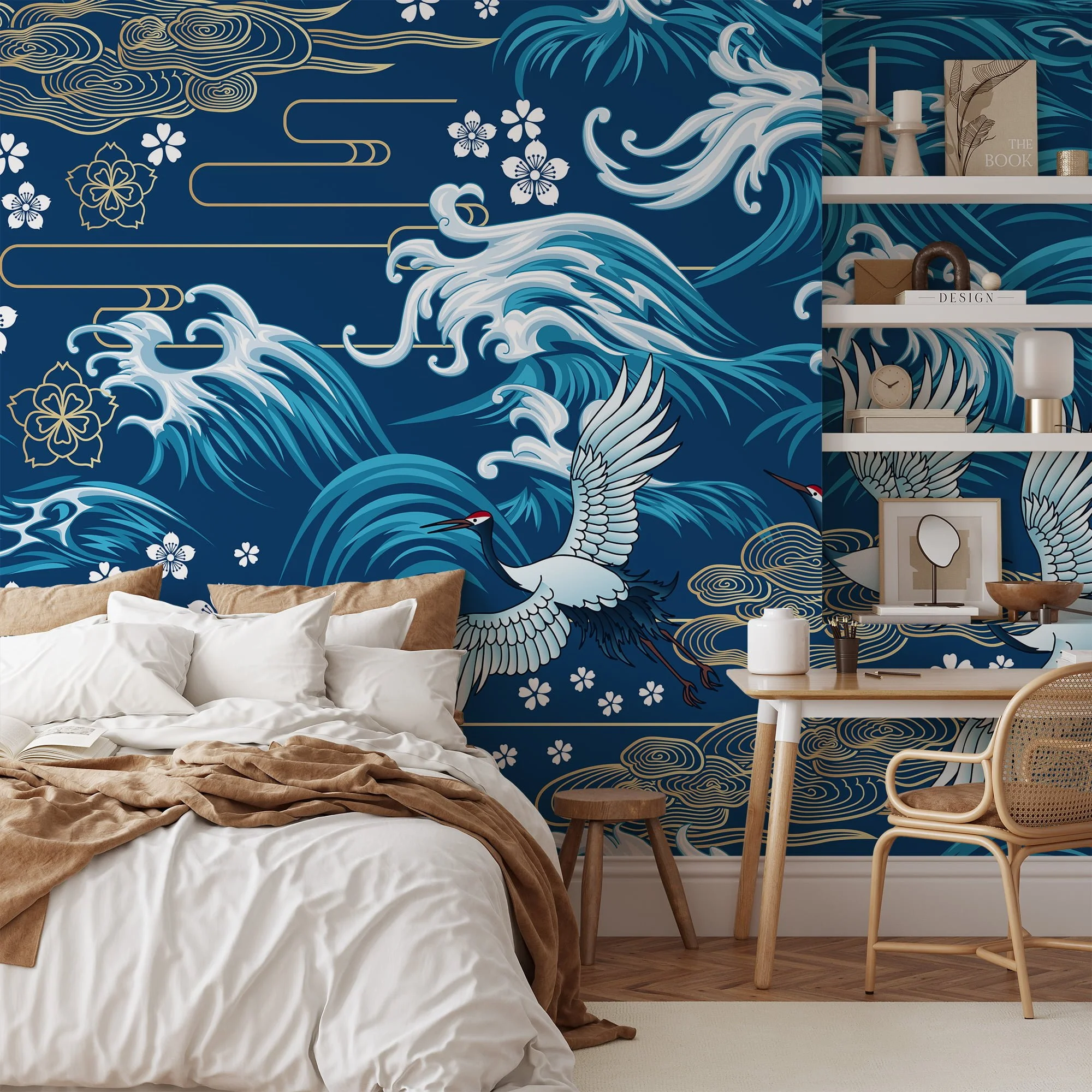 Traditional Blue Wallpaper With Large Cranes And Waves Illustration, Elegant Crane & Wave Peel & Stick Wall Mural