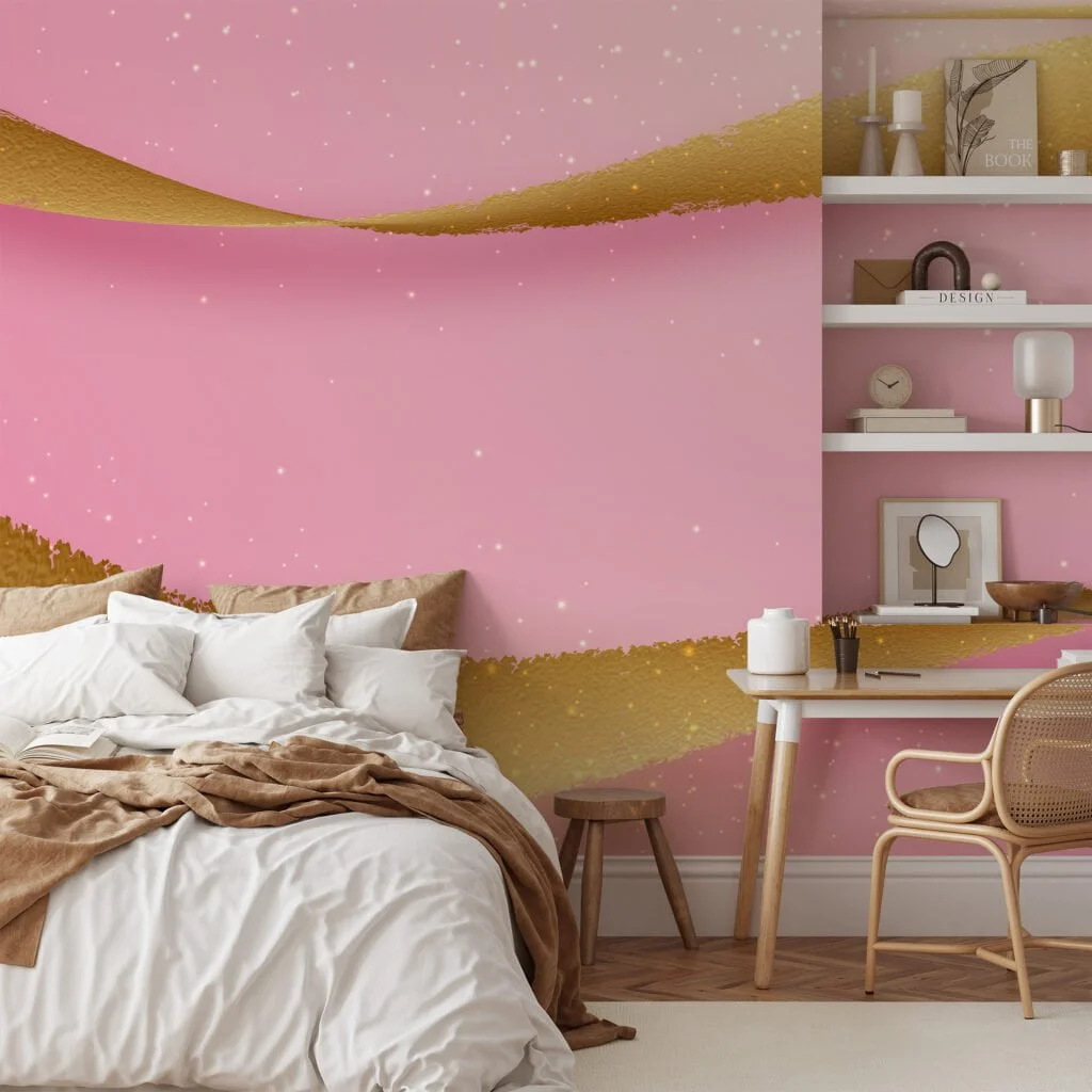 Large Pink Background With Golden Waves and Sparks Wallpaper, Luxury Abstract Peel & Stick Wall Mural