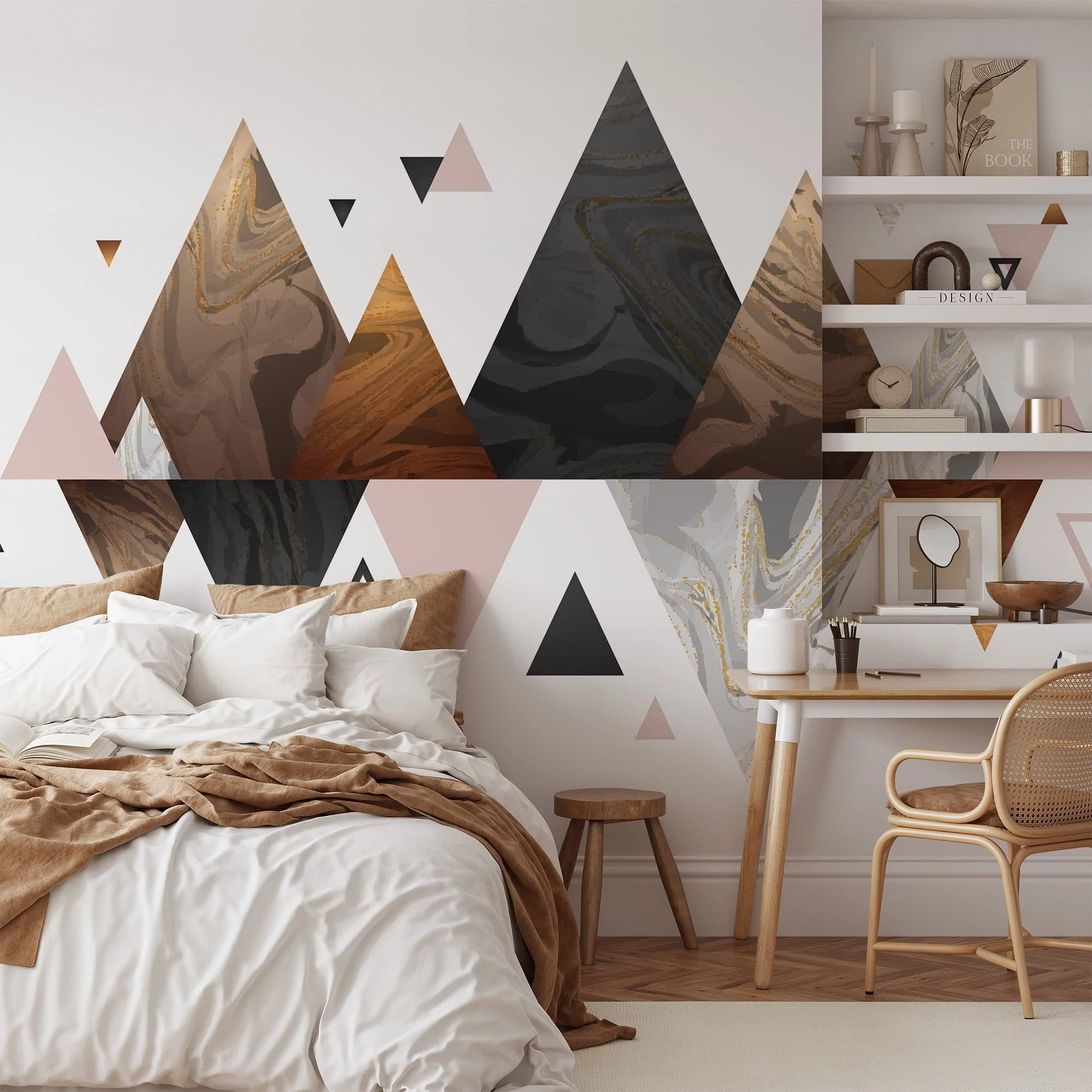 Neutral Colored Geometric Wallpaper With Abstract Mountains, Modern Gold and Black Triangle Peel & Stick Wall Mural