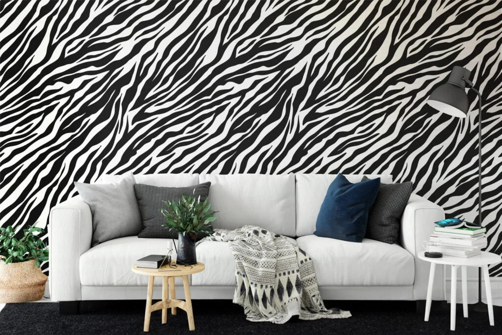 Zebra Skin Print Pattern Illustration Wallpaper, Classic Black & White Stripe Design Peel & Stick Wall Mural