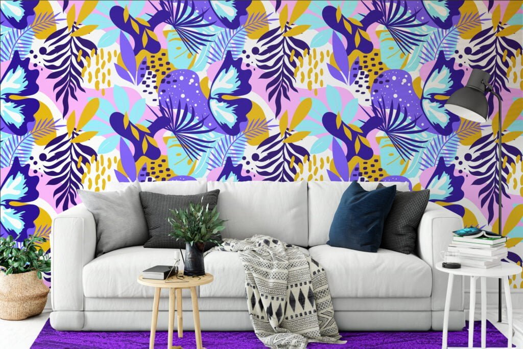 Large Colorful Abstract Leaves Illustration Wallpaper, Vibrant Tropical Peel & Stick Wall Mural