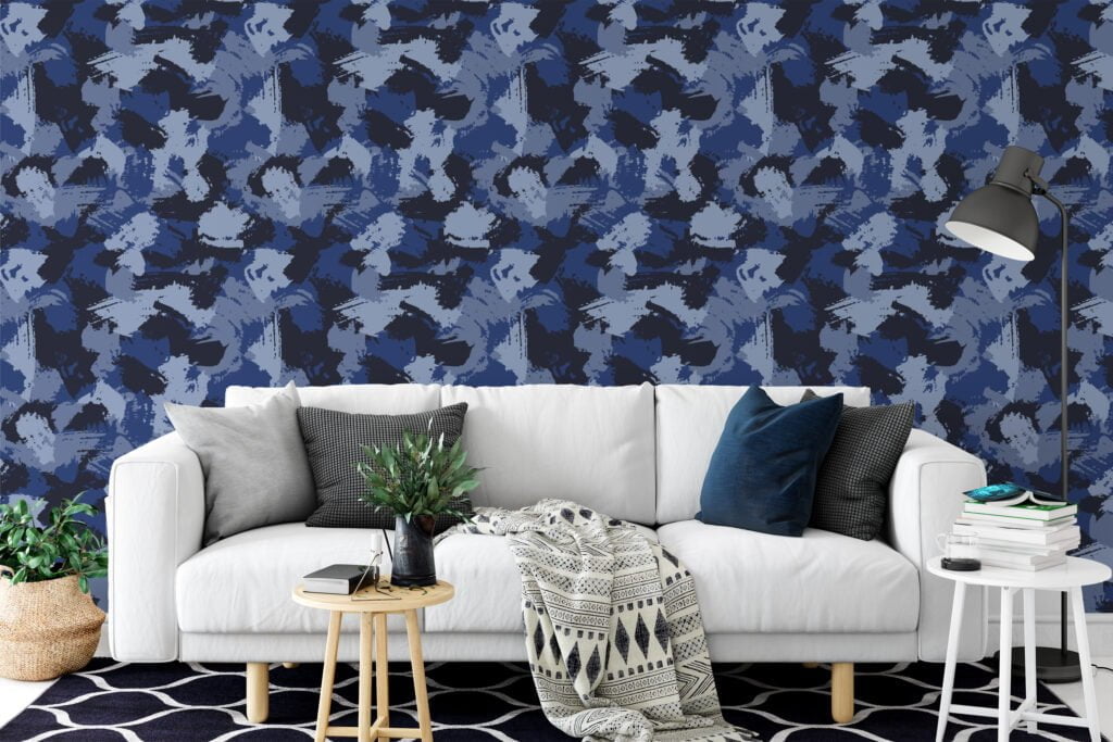 Blue Shades Camouflage Brush Strokes Illustration Wallpaper, Abstract Navy Blue Peel & Stick Wall Mural