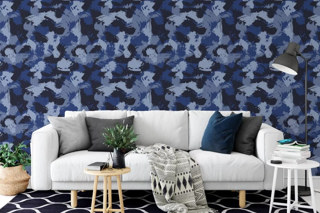 Blue Shades Camouflage Brush Strokes Illustration Wallpaper, Abstract Navy Blue Peel & Stick Wall Mural