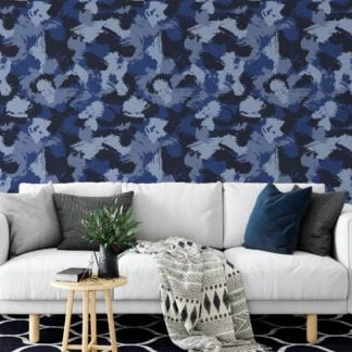 Blue Shades Camouflage Brush Strokes Illustration Wallpaper, Abstract Navy Blue Peel & Stick Wall Mural